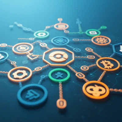 Abstract depiction of blockchain interoperability with different chain symbols connecting seamlessly