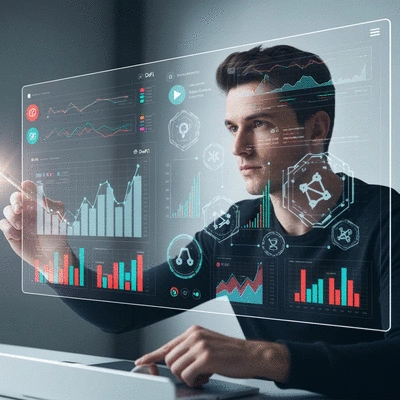 Person analyzing DeFi data on a transparent screen, showing charts and crypto symbols