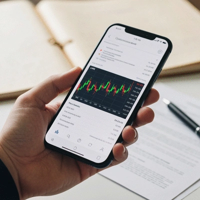 Hand holding a smartphone displaying cryptocurrency market data with blurred legal documents in the background, no text, no words, no typography, no labels, clean image
