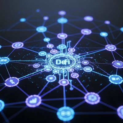 Abstract representation of a DeFi blockchain network with interconnected nodes and data flow
