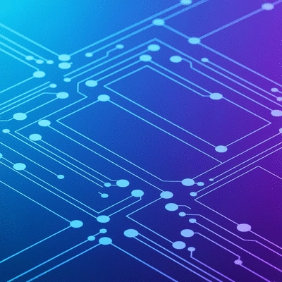 Modern graphic depicting blockchain technology trends with interconnected nodes and data flow