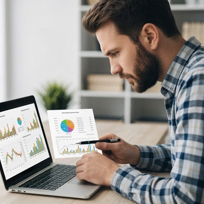 Person analyzing cryptocurrency tax documents on a laptop, with charts and graphs in the background, no text, no words, no typography, no labels, clean image